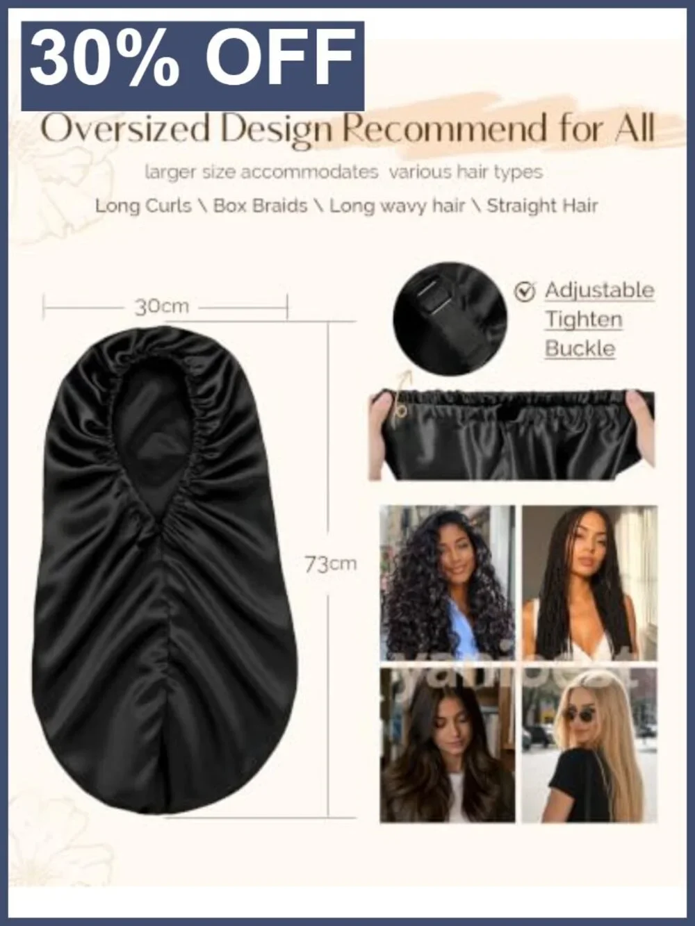 Adjustable Satin Sleep Bonnet, Double Layer Extra Long for Curly Hair